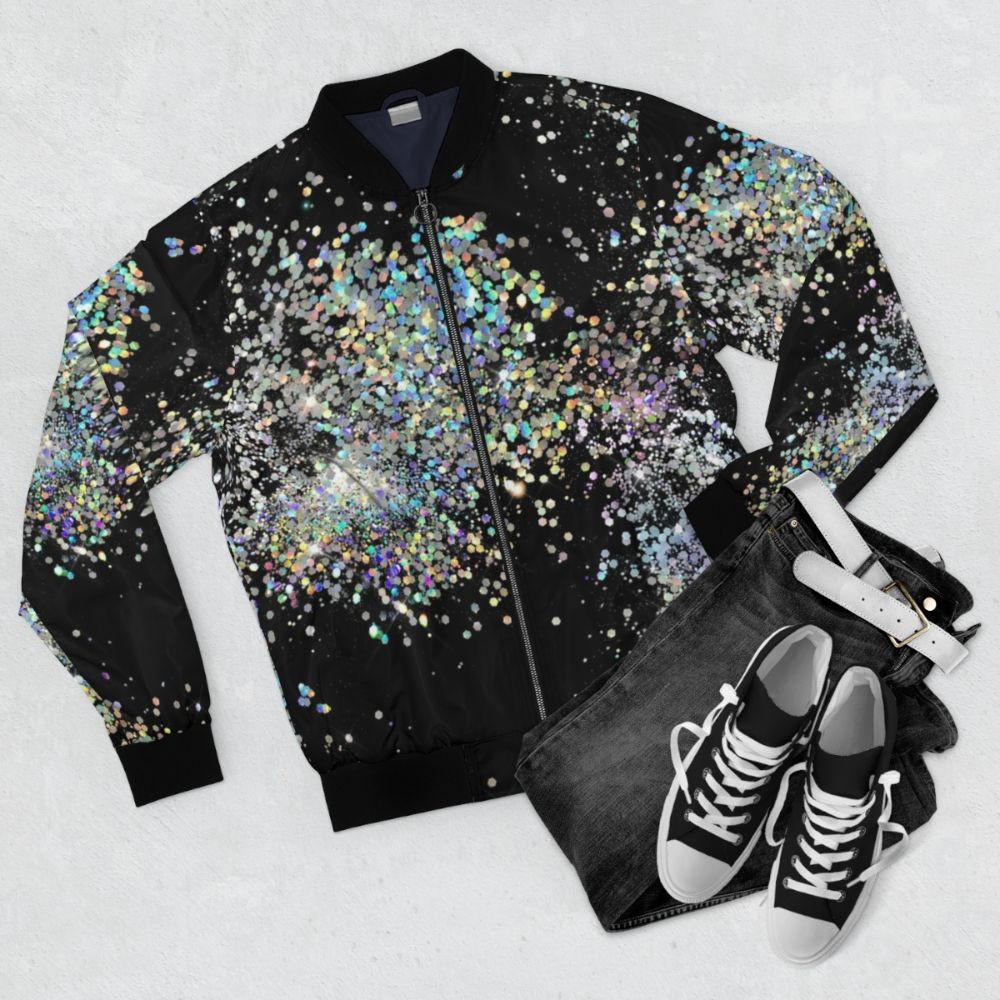 Model wearing a black and silver ombre bomber jacket with chunky sequins and glitter - Flat lay